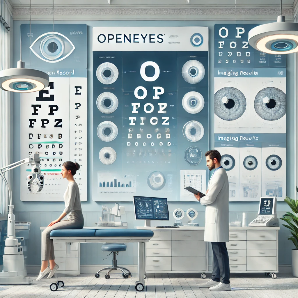 Illustration of a modern ophthalmology clinic with an ophthalmologist examining a patient, featuring digital devices displaying a clean, text-free dashboard with placeholders for patient records, imaging results, and treatment plans in a medical-themed colour palette of blue, white, and soft grey.