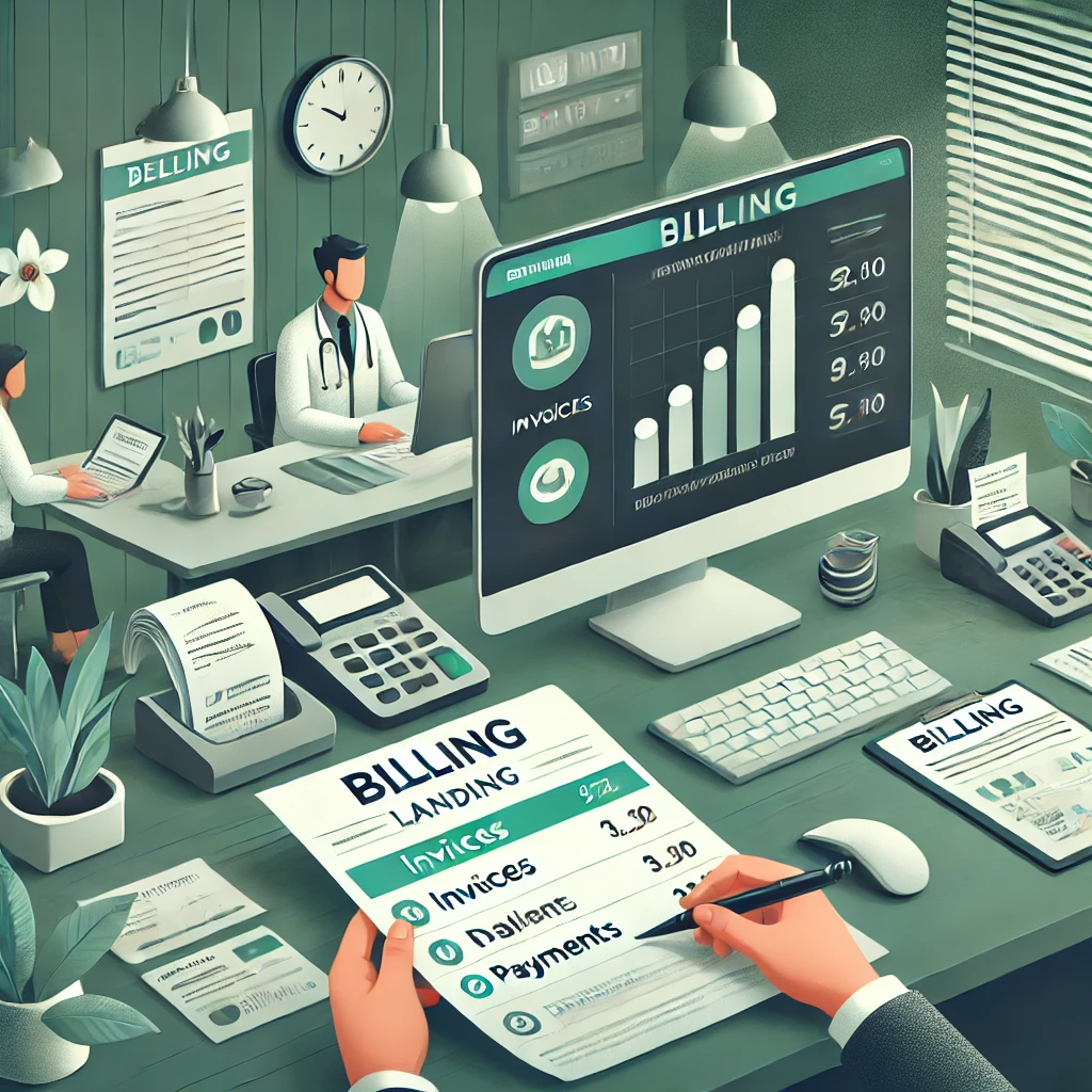 Illustration of a modern healthcare setting with administrators managing billing and invoicing on digital devices, featuring a clean, text-free dashboard and a muted colour palette of deep green, soft beige, and grey tones.