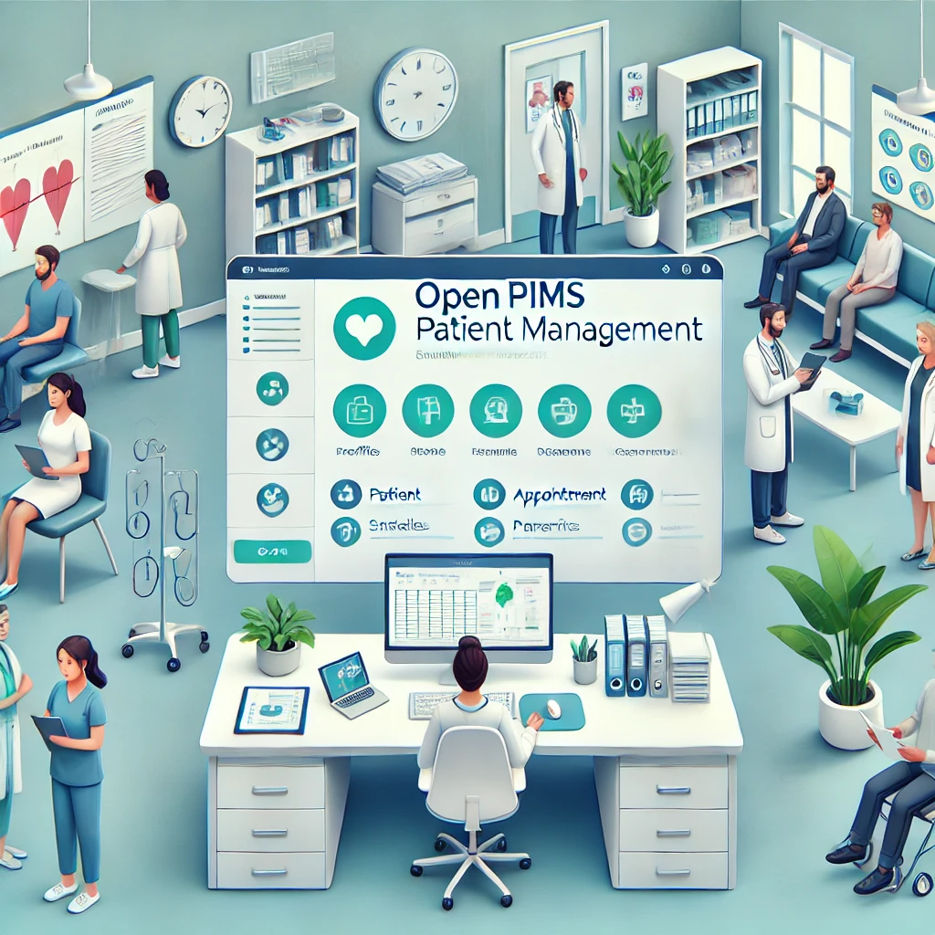 Illustration of a modern healthcare setting with clinicians and administrators managing patient records and appointments on digital devices, featuring a clean, text-free dashboard and a welcoming clinic environment with waiting areas and medical tools.