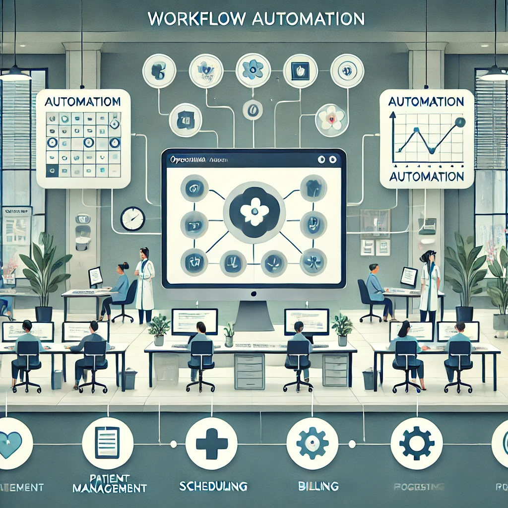 Illustration of a modern healthcare setting with interconnected digital devices symbolising seamless workflow automation for patient management, scheduling, and billing, featuring a clean, text-free dashboard in a muted colour palette of navy blue, soft green, and light grey.