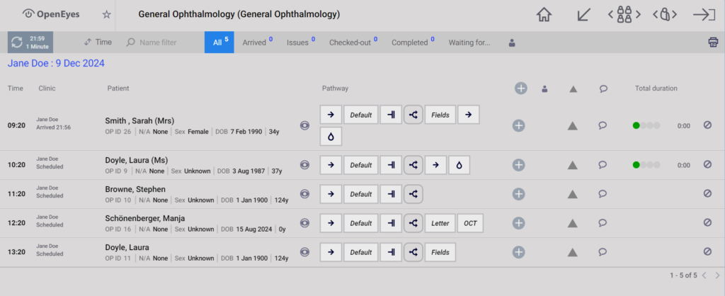 Screenshot of OpenEyes' worklist displaying all appointments for the day synced from OpenPIMS, including patient names, appointment times, pathways, and statuses in a clean, organised interface.