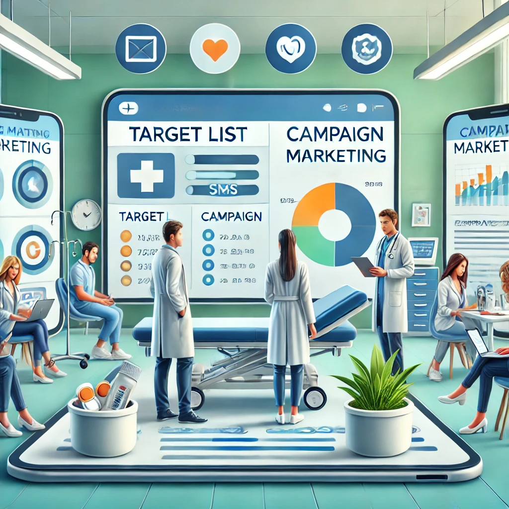 Illustration of healthcare professionals collaborating on a marketing dashboard in a clinic environment, showcasing features like target lists, campaign tools, and analytics in blue, green, and vibrant accents.