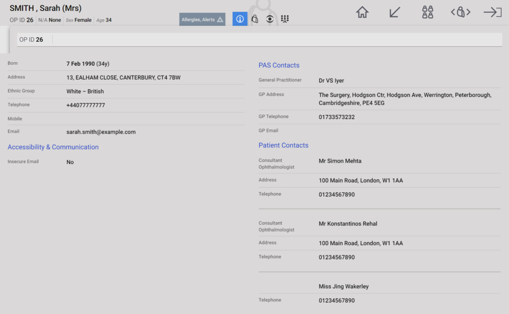 Screenshot of a patient demographics page in OpenEyes, displaying detailed patient information, including name, date of birth, address, ethnicity, contact details, and healthcare contacts such as GP and consultant ophthalmologist.