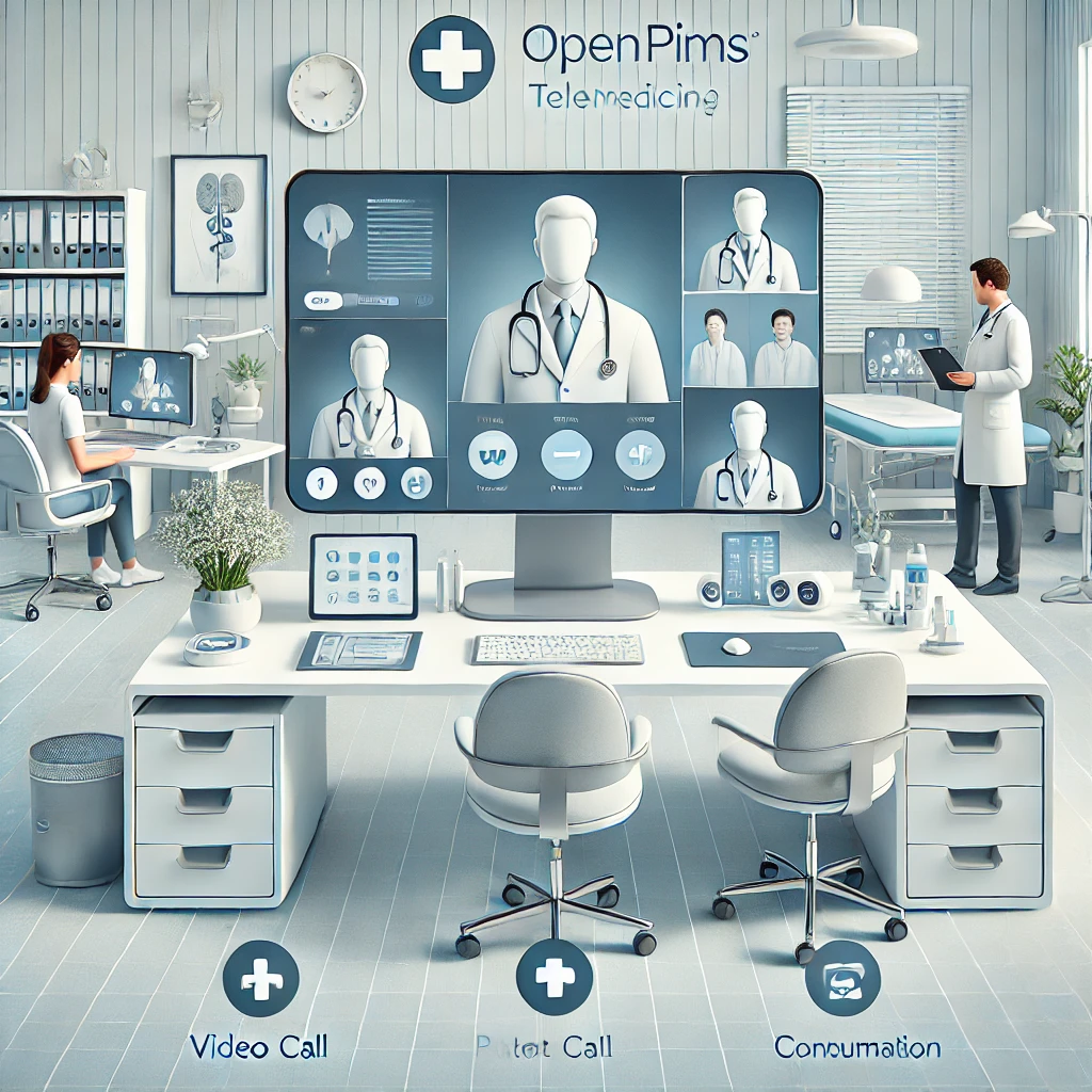 Illustration of a modern healthcare setting with clinicians conducting secure video consultations on digital devices, featuring a clean, text-free dashboard and a calming colour palette of light blue, white, and soft grey tones.