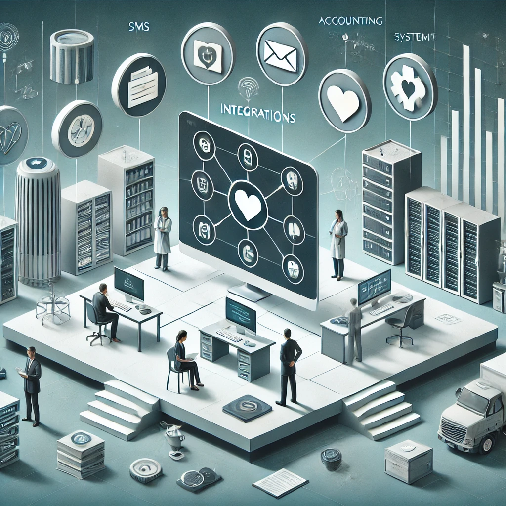 Illustration of a modern healthcare setting with interconnected digital systems symbolising seamless integration with platforms like SMS, accounting, and payment systems, featuring a clean, text-free dashboard in a sleek colour palette of dark teal, white, and soft grey.