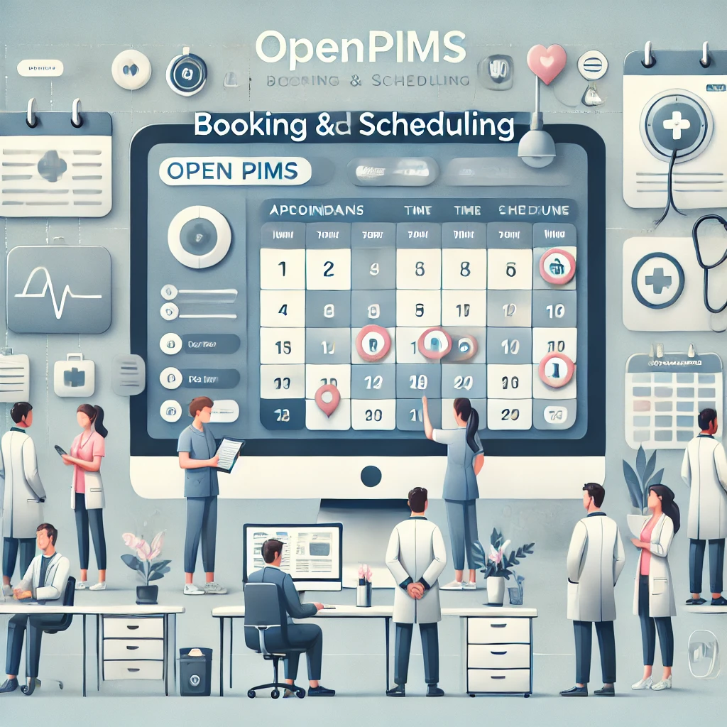 Illustration of a modern healthcare setting with clinicians and administrators managing appointments and schedules on digital devices, featuring a clean, text-free dashboard with a muted colour palette of navy blue, soft beige, and grey tones.