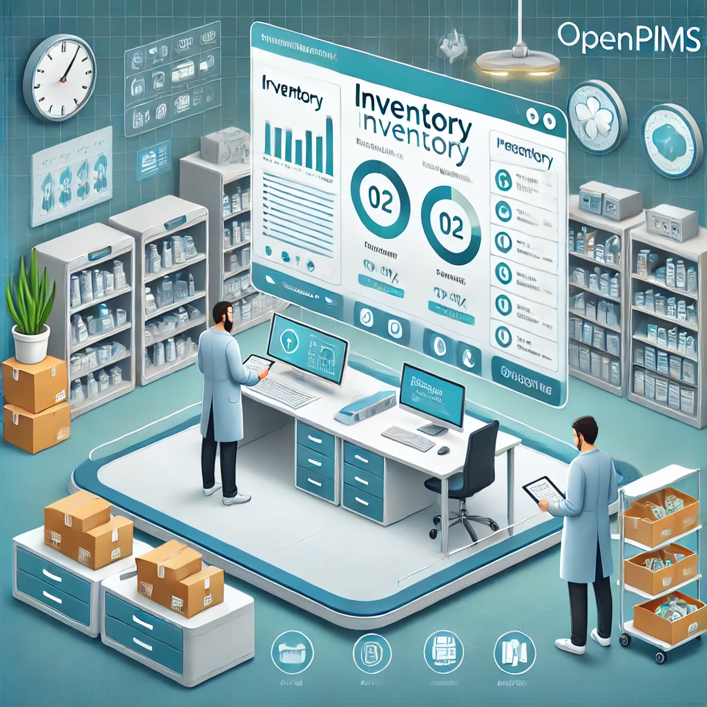 Illustration of a healthcare setting with staff managing inventory using digital devices, showcasing a clean dashboard with placeholders for inventory levels, alerts, and charts, surrounded by medical equipment and storage shelves.